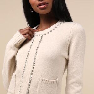 Lulus Sparkling Appeal Heather Cream Rhinestone Sweater Beige - Size S